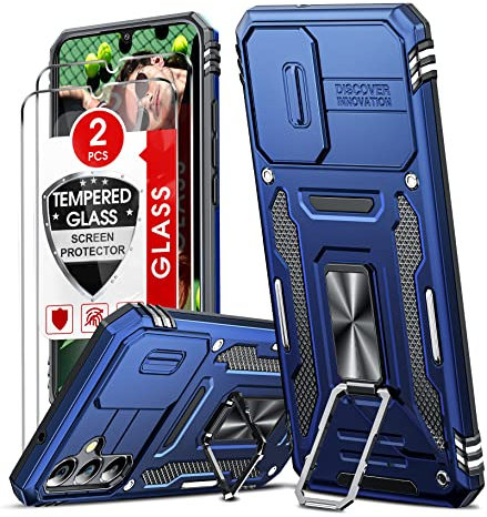 LeYi Objektivschutz Hülle für Samsung Galaxy A34 5G Ringhalterung Handyhülle [2 Schutzglas Folie],Hybrid Kammeraabdeckung Schutzhülle Outdoor Kratzfest Case Metallständer Halter A 34 Handy Hüllen Blau