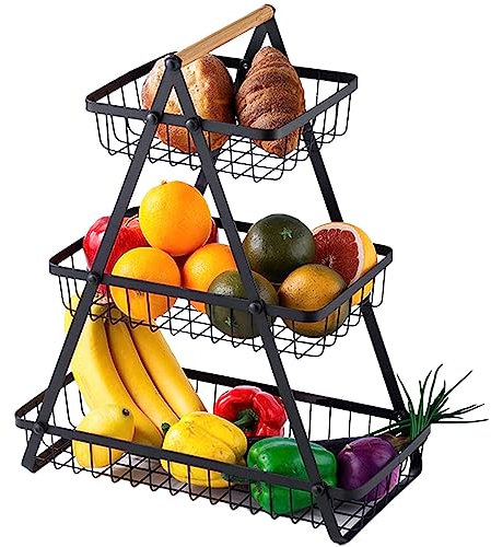 MaxEarn 3-Tier Fruit Basket Stand with Wooden Handle, Large Capacity Detachable Fruit Bowl Rack, Metal Vegetable Storage Rack Holder for Home Kitchen Office Vegetable Snacks Bread