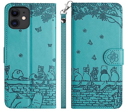 Aisenth Handyhülle für iPhone 12 Mini/iPhone 13 Mini (5,4 Zoll), Katze, Schmetterlings Muster Leder Handytasche Brieftasche Klapphülle Etui Schutz Hülle mit Ständer, Kartenfächer -Blau Grün