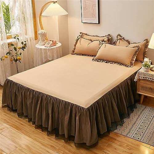 Odot Solide Farbe Bettrock Rüschen, Spannbettlaken mit Volant Elastische Bettvolants Matratzenschoner Spannbetttücher Spannbetttuch Bettlaken für Boxspringbetten (180x200cm,Khaki-Farbe)