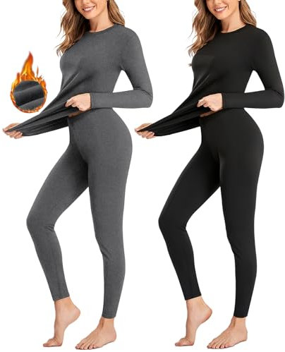SIMIYA Thermounterwäsche Damen 2 Sets, warme Unterwäsche mit Innenfleece, Ultraleicht Unterteil und Oberteil lang Funktionsunterwäsche U Ausschnitt Skiunterwäsche für Winter,Schwarz+Grau,M