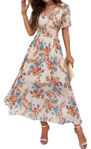 IFFEI Women Summer Maxi Dress Short Sleeve Wrap V Neck Floral Print High Waist Long Flowy Dresses M Apricot