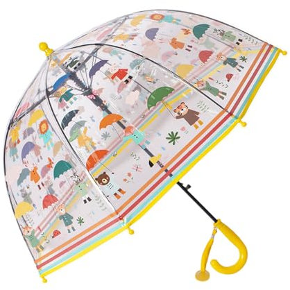Meichoon Kinder Stock Regenschirm Cartoon Bär Muster Transparent 70cm/27.5'' Kuppel Bequem zu halten mit Namensschild für Jungen und Mädchen Gelb