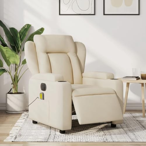 vidaXL Massagesessel, Sessel Elektrisch, Relaxsessel mit Liegefunktion Vibrationsfunktion, Fernsehsessel Liegesessel für Wohnzimmer, Creme Stoff