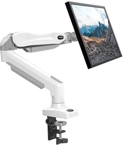 HUANUO Single Monitor Arm, 13 to 32 Inch White Monitor Mount, Adjustable Arm Fits 19.8lbs Computer Screens, 75 & 100mm Vesa Mount with Clamp and Grommet Base