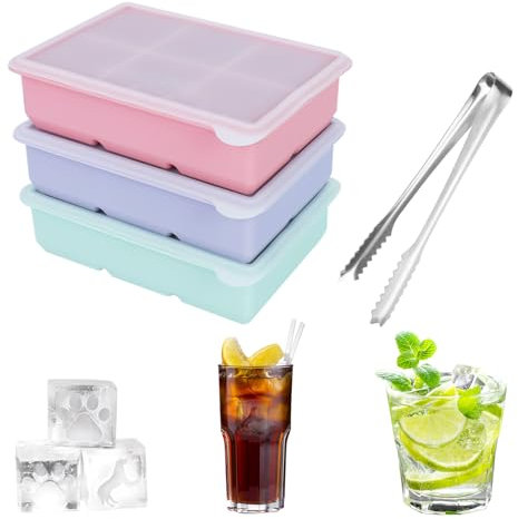 3 Stück Große Quadratische Eiswürfelform Silikon mit Deckel, Hunde Pfote Motiv Eiswürfelbehälter, BPA Frei 6-Fach Ice Cube Tray, Stapelbar Eiswürfelschale für Cocktail Baby Brei Einfrieren Behälter