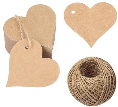 WKRTDY 50 etiquetas en forma de corazón con cuerda de cáñamo de 10 m, de papel kraft, ideales como etiquetas de regalo para San Valentín y Navidad, Perfectas como adornos para el árbol de Navidad