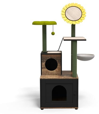Cat Tree with Litter Box Enclosure, 2-In-1 Indoor Cat Furniture with Platform And Cat Condo, Multifunctional Cat Tower with Cat Scratch Pad, Fun Cat Ball, Cat Scratching Post,Black