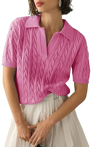 Imily Bela Jersey de punto de manga corta para mujer, camiseta de verano, jersey de punto con cable, elegante, cuello en V, Rosa claro., M