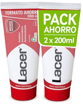 LACER - Pasta de Dientes Pack de 2 x 200 ml, Previene la Caries, Mantiene la Boca Sana, Alto Contenido en Flúor, Evita la Formación de la Placa Dental, Fortalece el Esmalte, Acción Antimicrobiana