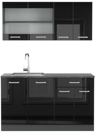 Vicco Singleküche R-Line, Schwarz Hochglanz/Anthrazit, 140 cm, AP Anthrazit