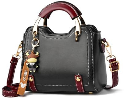 NICOLE & DORIS Handtasche Damen Klein Schultertaschen Mode Umhängetasche PU Leder Top Griff Tasche Mini Henkeltasche Mädchen Crossbody Bag mit Anhänger Schwarz