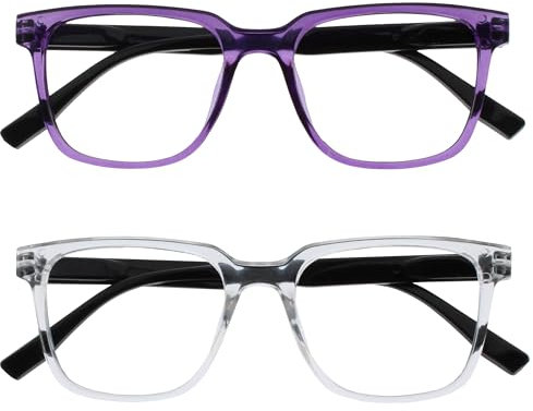 OPULIZE LEO Lesebrille - 2er-Pack - Großes Rechteckiges Gestell - Lila, Klar - Herren Damen - Federscharniere - RR55-5C - +2.00