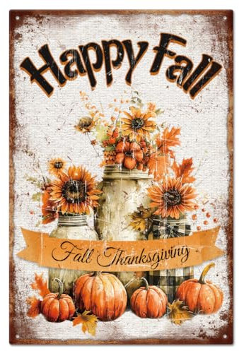 GLOBLELAND Froher Herbst Erntedank Vintage Herbst Sonnenblume Kürbis Metall Blechschild Herbst Vase Erntedanktag Blechschild 12x8in/30x20cm Kunsttafel Poster Wanddekoration Für Zuhause