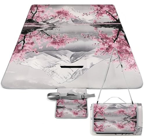 Xiputvl 3D-Eindruck Japanische Kirsche Picknickdecke Kunst Strandmatte Outdoor Teppich Wasserdicht, Faltbar Strandliege Für Trocken Strand, BBQ, Picknick, Wandern 148x148cm