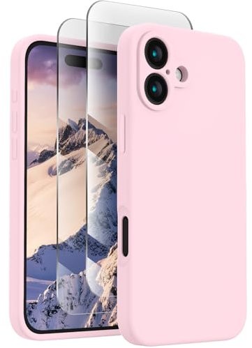 FireNova Silikon-Schutzhülle Entworfen für iPhone 16, verbesserter Kameraschutz, Handyhülle mit 2 Displayschutzfolien, weiches kratzfestes Mikrofaserfutter innen, 15,5 cm, Kreiderosa