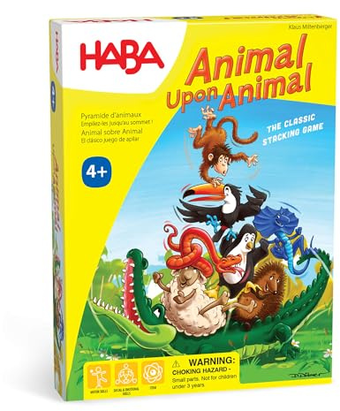 HABA Animal Upon Animal Game - Classic Wooden Tower Stack Game for Kids and Adults, STEM & Dexterity Party Activity for Ages 4+, Compact On the Go Edition