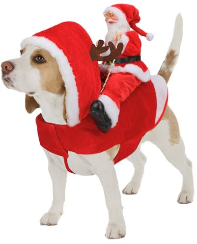 Mfsdai Hund Weihnachtskostüm, Santa Reiten Kleidung Hundekostüm, Hundepullover Mantel Weihnachten Rot für Kleine Mittel Große Hunde Katzen L