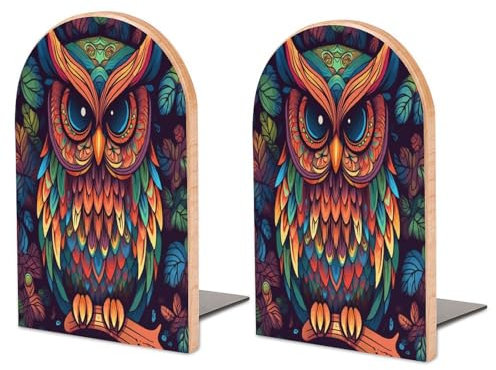 Serre-livres robustes en bois avec imprimé chouette coloré, serre-livres décoratifs, serre-livres antidérapants pour étagères (1 paire, grand)