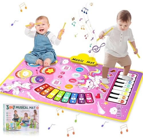 Piano Mat for 3 4 5 6 Year Old Girls,2 in 1 Piano Music Mat with Touch Keyboard & Drum Mat,Early Education Music Toys,Birthday Toys for Girls Boys Toddlers (80 × 50 cm)