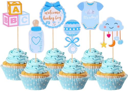 Xsstarimi 36 Pack Cloud Moon Star Blue Boy Cupcake Toppers Swan Cake Decorations for Boy Birthday Party Supplies