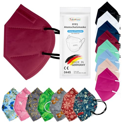 TubeRoo FFP2 Maske Bunt Farbig 100 Stück Set Masken Motiv Muster in Dunkelblau Blau Bordeaux Hellblau Pink Rot Grün Grau Weiß Schwarz, aus Deutschland, Made in Germany, Atemschutzmaske, Mundschutz