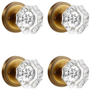 SORWDUERM 4 Pack Antique Brass Door Knobs Crystal Door Knob Passage Door Knobs Glass Interior Door Knob for Hall and Closet Zinc Alloy