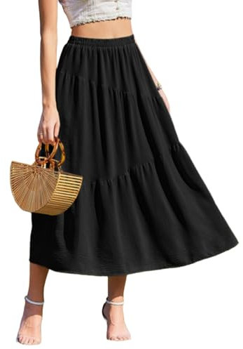 Zeagoo Langer Rock Damen Schwarze Flowy Sommerrock mit Taschen Elastic Waistband Maxi Skirt Elegant Stufenrock Schwarz S