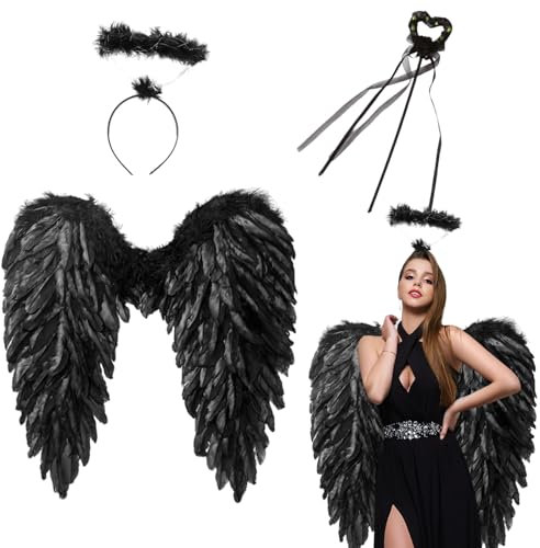 60cm Negro Ángel Alas,Diablo Disfraz Señoras,Alas de Ángel Disfraz con halo y Varita mágica,Disfraz de Alas de Adulto Niños,Ángel Accesorios de Disfraces Ángel Diablo (Negro 60*60cm)