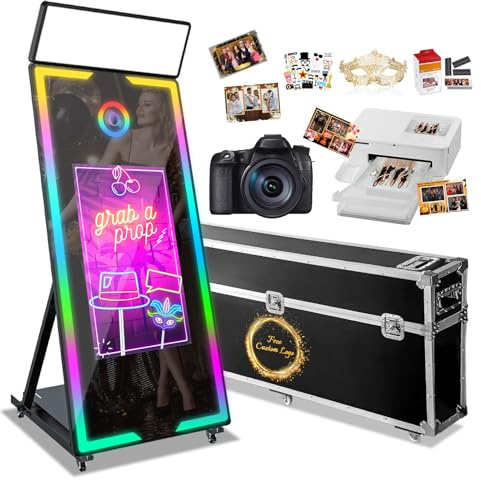 Magic Mirror Photo Booth with Flight Case,65in Movable Mirror Photobooth Machine with 32in Touch Screen,Win11 System for Events Parties Wedding Rental (Black, 65in+Camera+Photo printer+Photo paper)