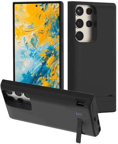 Gladgogo Coque de batterie pour Samsung Galaxy S24 Ultra, 7000 mAh, chargeur rechargeable avec béquille et USB – Noir