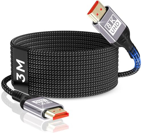 Nersligek Câble 8K HDMI 2.1 3m, Câble HDMI Certifié 4K@144Hz/120Hz 8K@60Hz, eARC, HDR10, Dolby Atmos, 48Gbps, HDCP2.3 pour HDTV/Barre Son/PS5/Bluray/Switch/Beamer/Laptop