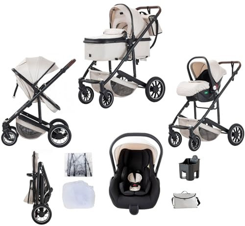 Lnhcrbs Passeggino Trio, Beige-Set Passeggino e Seggiolino Auto, passeggino fronte mamma da Viaggio con Manico Regolabile, Cestino&Cestino per Dormire con Copripiedi, Copripiedi rialzati,0-4,22KG
