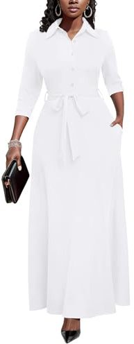 Runwind Women Church Maxi Dresses 3/4 Sleeve Button Down Print Casual Office Dress African