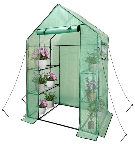 Heyfurni Walk in Greenhouse with Shelves, 3 Tiers 6 Shelves Heavy Duty Growhouse, Large Reinforced Green House with Durable PE Cover, Steel Frame, Green, 56x28x76