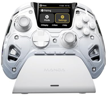 ManbaOne Multi-Platform Gaming Controller for PC, Switch, iOS, Android with 2-Inch Screen, Hall Effect Joysticks/Triggers, Mapping Function, Colorful LED, 1800mAh Battery, Charging Dock (White)