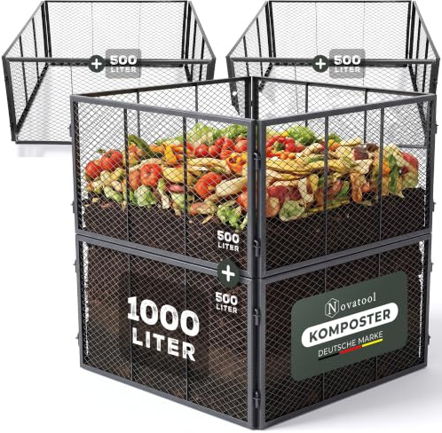 Novatool 2 compostiere da giardino in metallo, 100 x 100 x 100 cm, con spina espandibile, compostiera metallica verniciata a polvere con volume di 1000 litri, griglia per compost compost organico