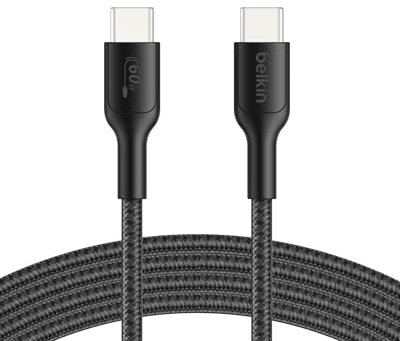 Belkin Gaming Cable USB-C a USB-C de 2m (60 W), Cable trenzado de carga, Carga Rápida para Nintendo Swith 2, iPhone 16, iPhone 15, iPad, MacBook Air, Chromebook y Samsung Galaxy S25 Ultra - Negro