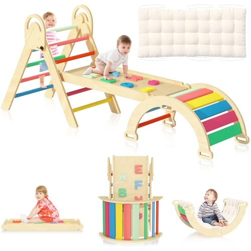 ElegantCraft Triangle Set, Baby Climbing Playset Toys Indoor, Jungle Gyms for Toddlers Ages 1-4, Toddler Climbing Playground with Cushion (Rainbow & Cushion)