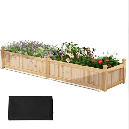 HOMASIS Huerto Urbano Terraza, Cama de Jardinera Elevada para Exterior en Madera de Abeto con 2 Compartimentos, Base Desmontable,8 Orificios de Drenaje,Escalera de Plantas,227x59,5x40cm (Natural)