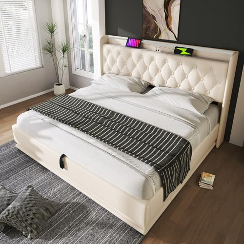Upholstered Double Bed with Hydraulic Lift and Button Tufted Storage Headboard, 4ft6 Double Bed Frame with LED Lighting and Charging Station, PU Functional Ottoman Storage Bed (White, 135 x190 cm)