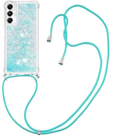 Bnvdfre Handykette für Samsung Galaxy A17 5G/4G Hülle mit Band, Handyhülle Silikon Durchsichtig Transparent Floating Flüssig Glitzer mit Kordel Umhängenband TPU Schutzhülle Case - Silver Blue Star