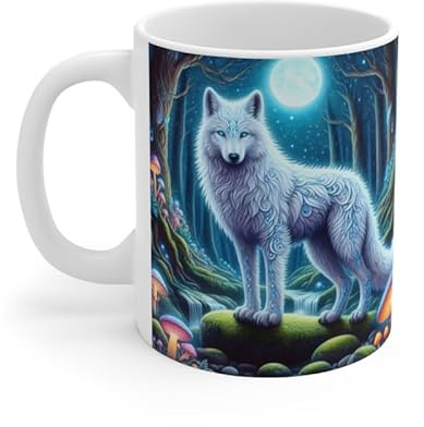 Teecustom Tasse Loup Blanc Spirituel – Mug Panoramique Forêt Magique – Cadeau Animal Totem Fantastique Céramique 325ml