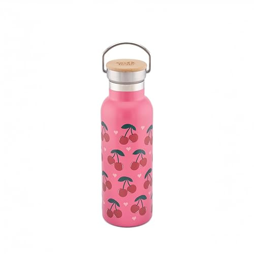 Sass & Belle Cherry Metal Water Bottle 500ml – Stainless Steel Insulated Bottle with Leakproof Lid – Reusable for Kids and Adults, Pink Fruit Print
