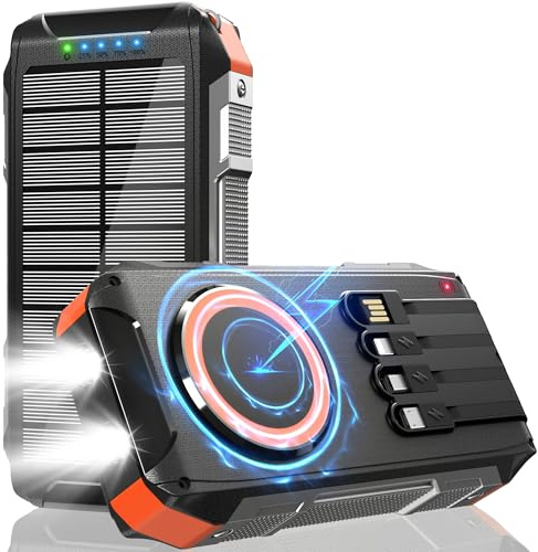 Power Bank Solar 26800mAh Inalámbrica con 4 Cables:30 W de Carga Rápida Magnética,Cargador Portátil USB C 7 Salidas,Batería Externa con Linterna, Ideal para Móviles Tablets Outdoor Camping