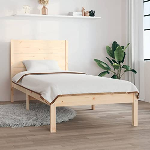 Mandloder Massivholzbett 90x190 cm, Kiefernholz Bettrahmen mit Kopfteil, Einzelbett für Schlafzimmer, Robustes Holzbettgestell, Naturholz
