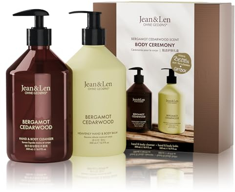Jean & Len Body Ceremony Bergamot & Cedarwood Geschenkset, 2 x 500 ml | Mit Hand & Body Cleanser und Hand & Body Balm, zitrisch-herber Duft, FSC-zertifizierte Verpackung