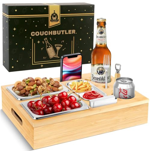 BuntWunder Couchbar, Snackbox Sofatablett, Couch Bar mit Geschenkbox, Snackspender mit Snackschale, Getränkehalter Flaschenhalter, Snackbar Organizer Abnehmbarer Deckel für Sofa (Gelb)