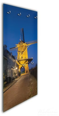 Wallario Wandgarderobe aus Glas in Größe 50 x 125 cm in Premium-Qualität, Motiv: Windmühle bei Nacht | 7 Kleiderhaken zum Aufhängen von Jacken