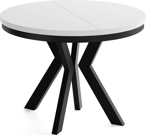 Runder Esstisch Ausziehbar 100-200 cm XXL Groß – Verlängerbar, für 5-10 Personen mit Schwarzen Holzbeinen & Metallring – Tisch für Wohnzimmer & Esszimmer in Weiß